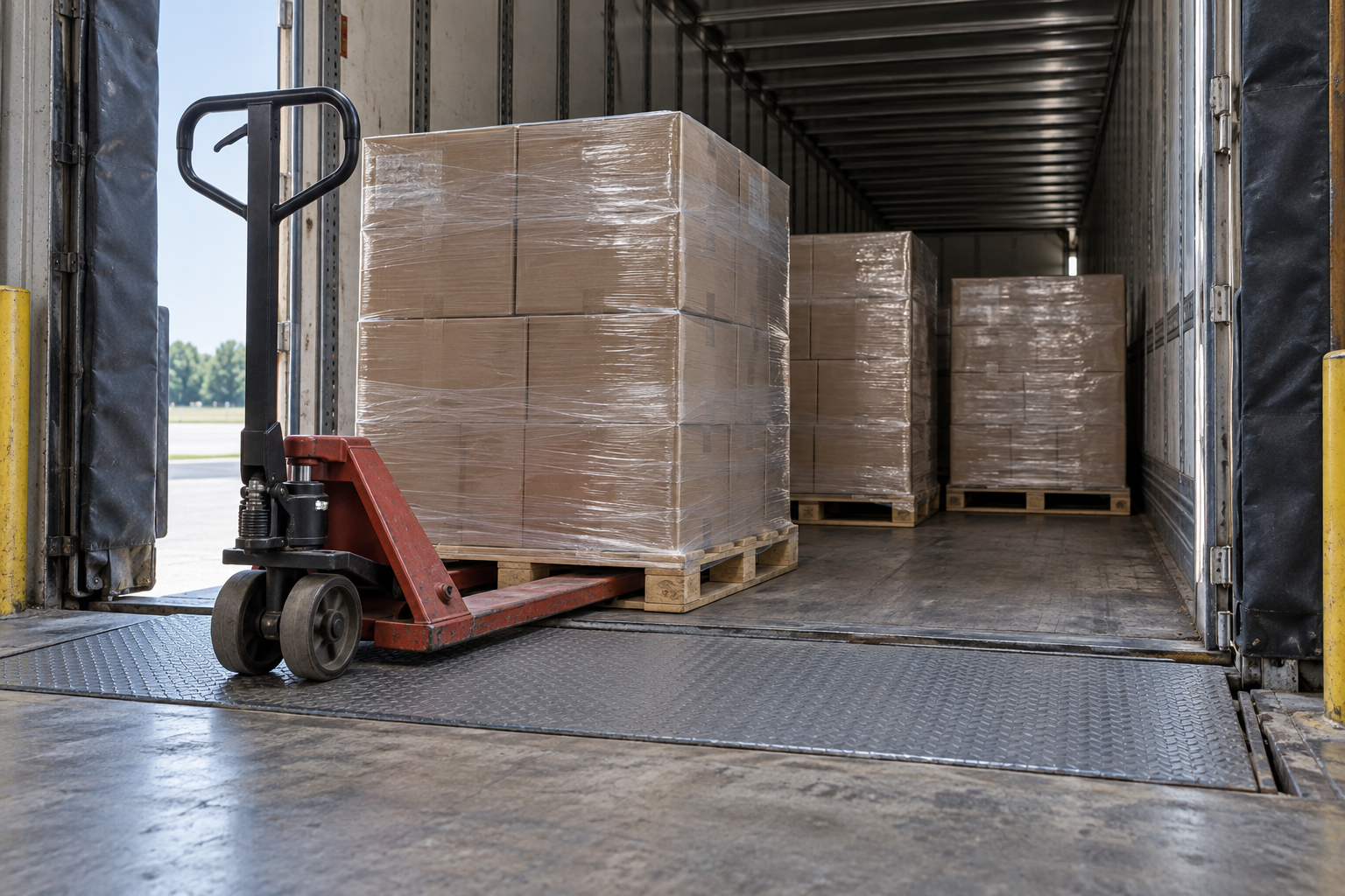 Wrapped pallets and a manual pallet jack at the open end of an unbranded trailer