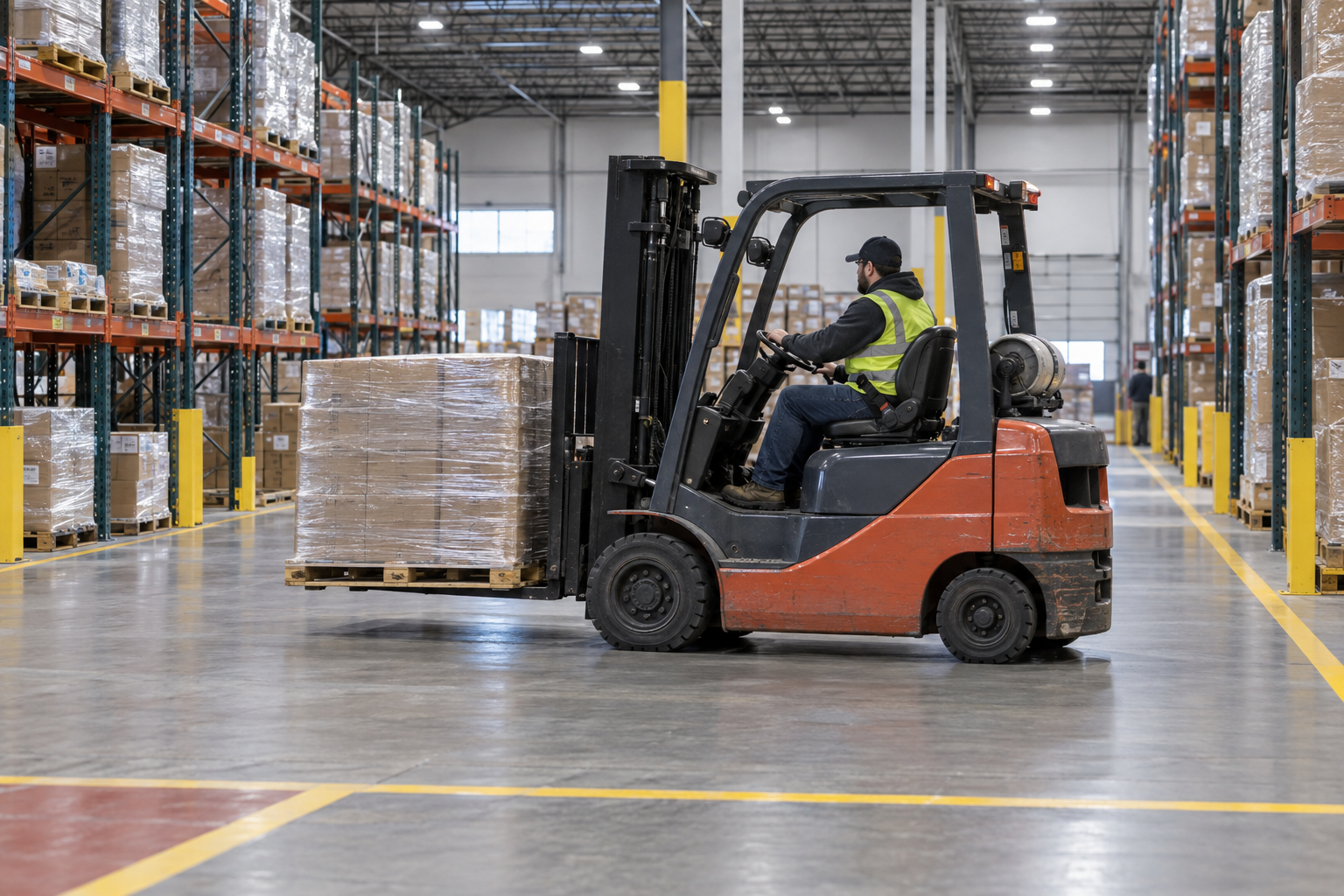 Forklift operator moving a wrapped pallet through a clear warehouse aisle