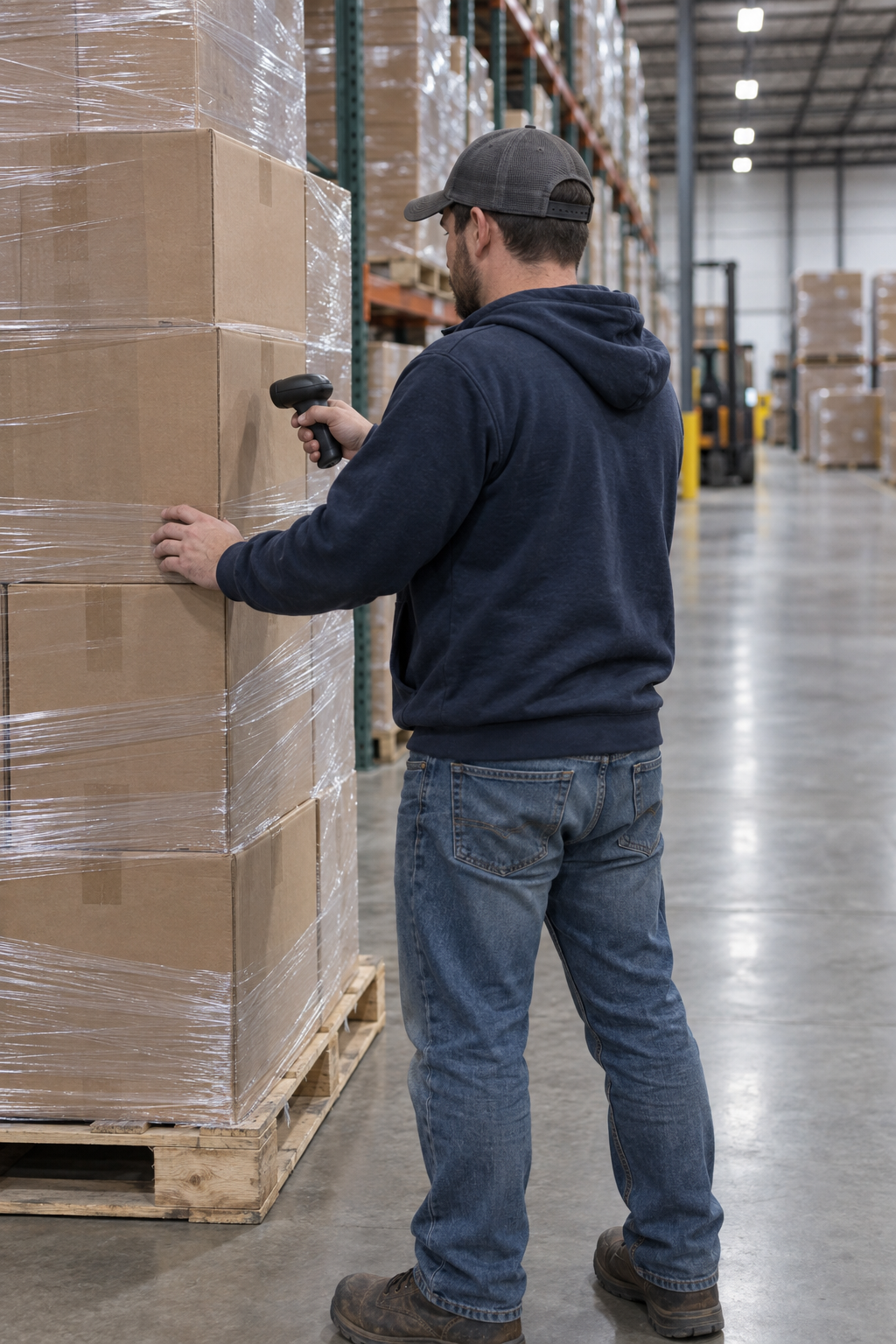 Warehouse worker scanning palletized cartons in a storage aisle